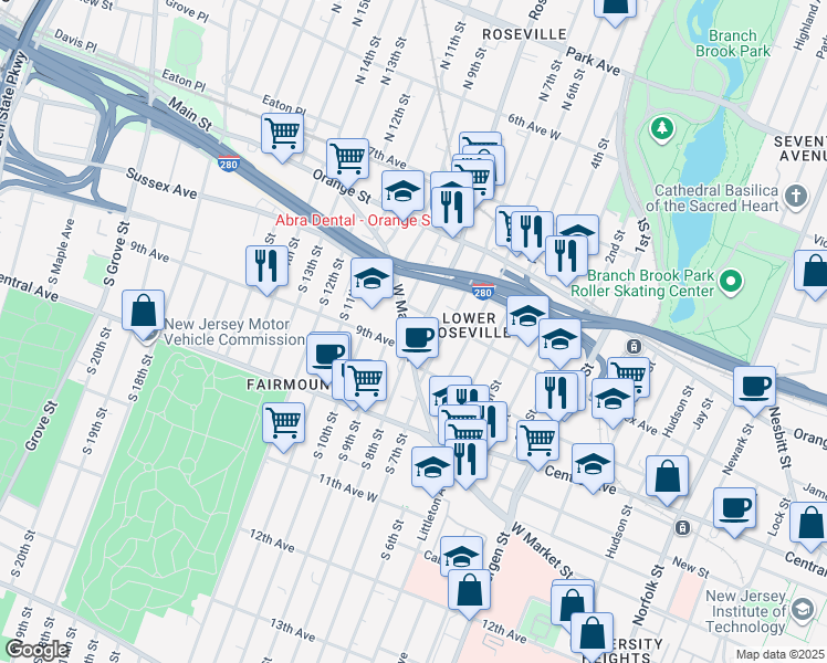 map of restaurants, bars, coffee shops, grocery stores, and more near 26 North 7th Street in Newark