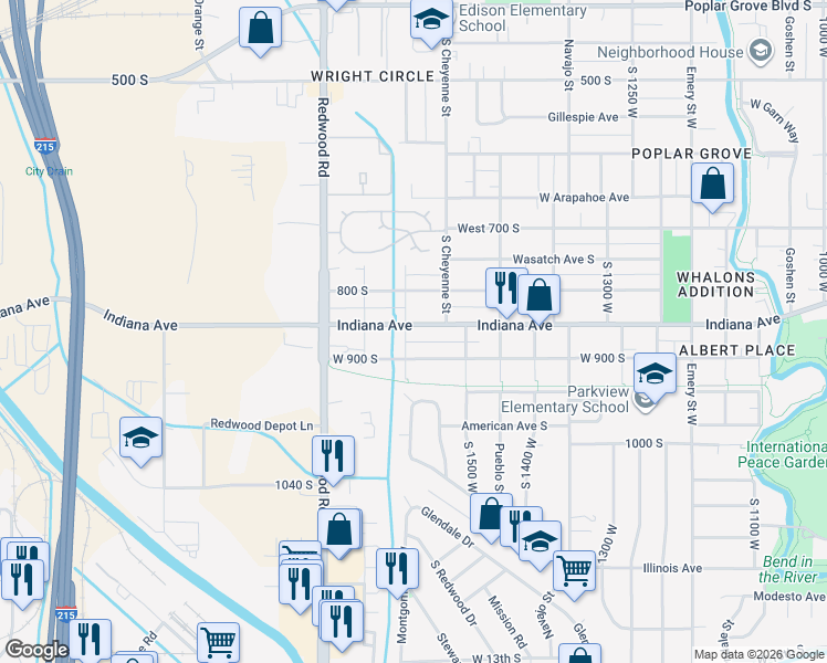 map of restaurants, bars, coffee shops, grocery stores, and more near 1563 West Indiana Avenue in Salt Lake City