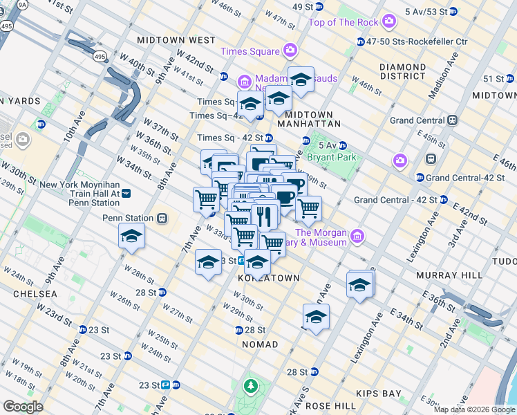 map of restaurants, bars, coffee shops, grocery stores, and more near 1350 Broadway in New York