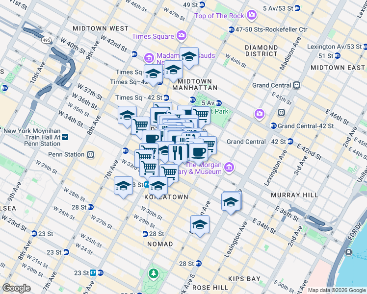 map of restaurants, bars, coffee shops, grocery stores, and more near 44 West 37th Street in New York