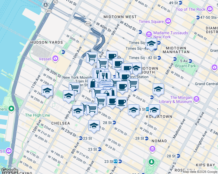 map of restaurants, bars, coffee shops, grocery stores, and more near 8th Avenue in New York