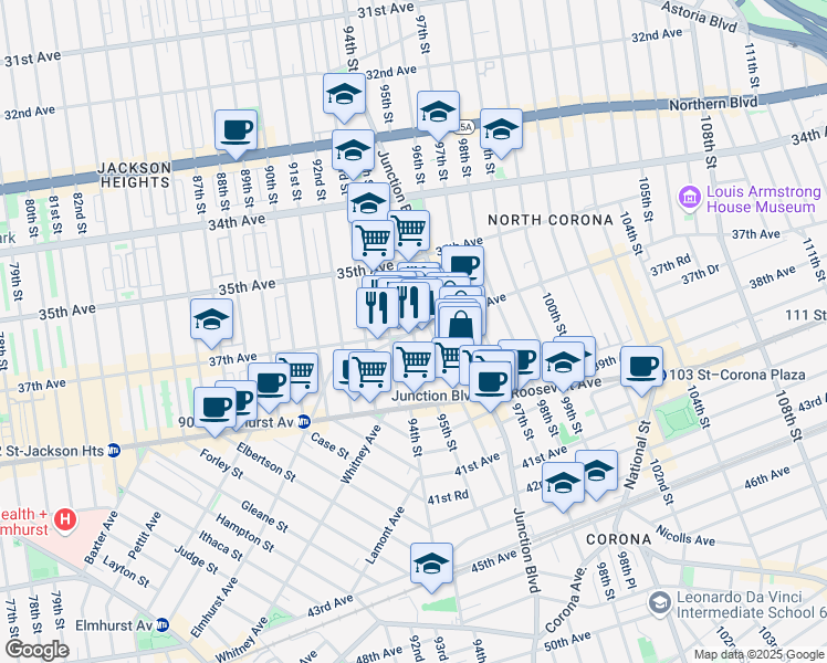 map of restaurants, bars, coffee shops, grocery stores, and more near 37th Ave & 95th St in Queens