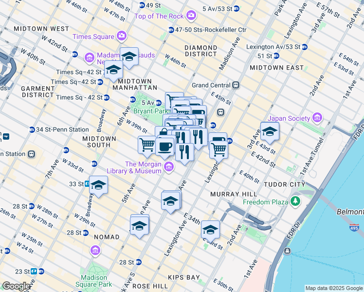 map of restaurants, bars, coffee shops, grocery stores, and more near 27-29 East 39th Street in New York