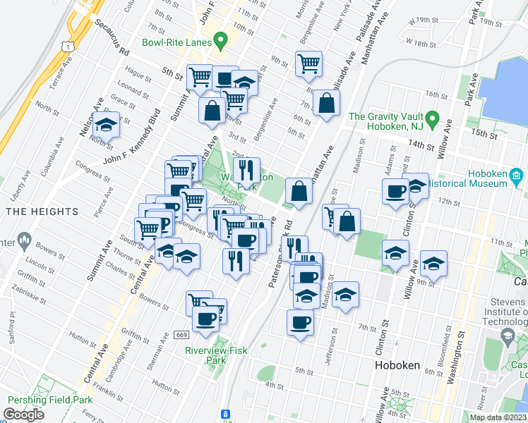 map of restaurants, bars, coffee shops, grocery stores, and more near 644 Palisade Avenue in Jersey City