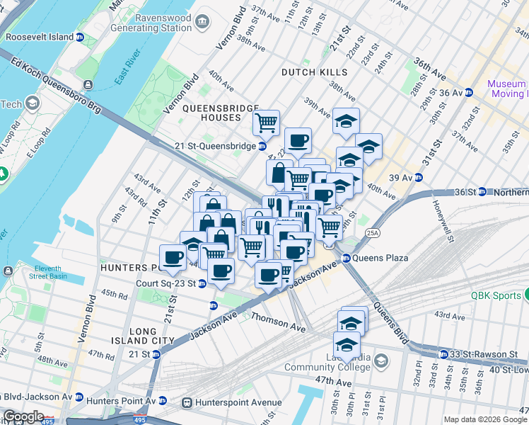 map of restaurants, bars, coffee shops, grocery stores, and more near 23-10 Queens Plaza South in Queens