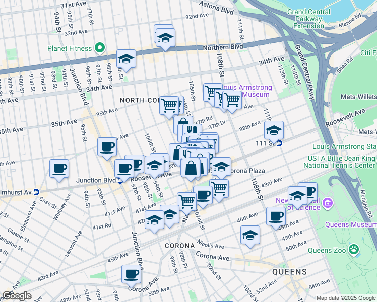 map of restaurants, bars, coffee shops, grocery stores, and more near in Queens