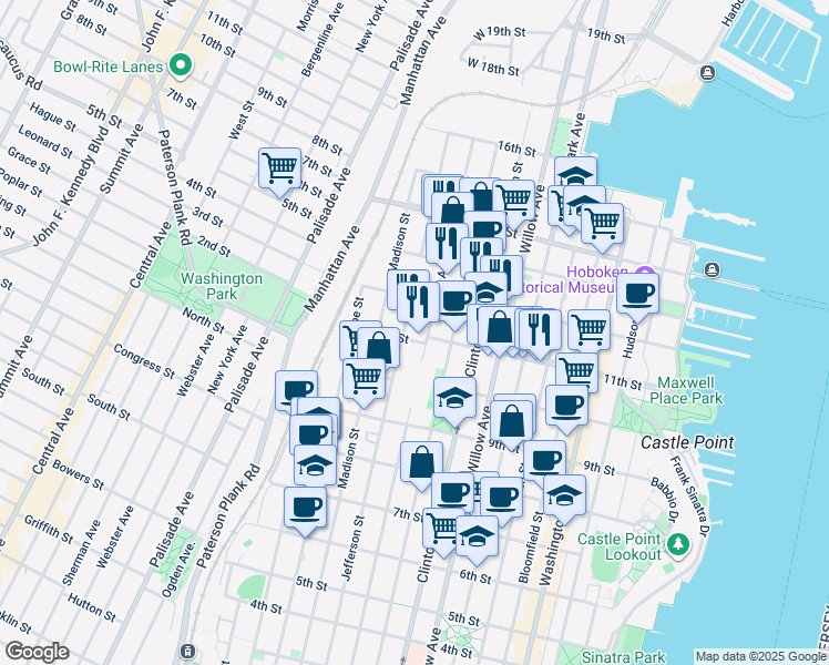 map of restaurants, bars, coffee shops, grocery stores, and more near 1100 Adams Street in Hoboken