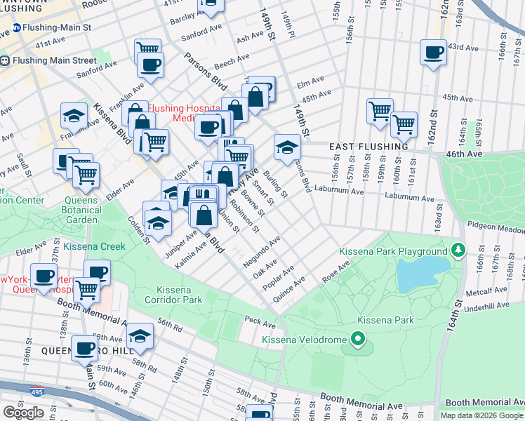 map of restaurants, bars, coffee shops, grocery stores, and more near 47-12 Bowne Street in Queens
