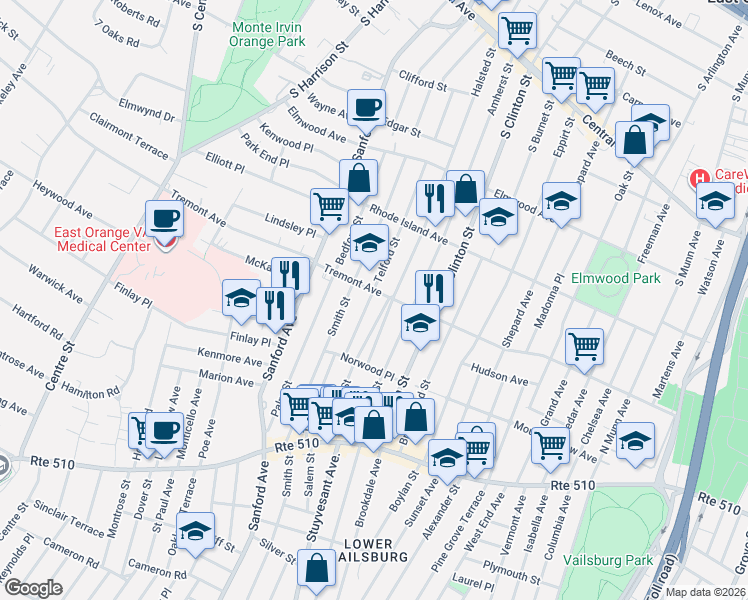 map of restaurants, bars, coffee shops, grocery stores, and more near 132 Telford Street in Newark