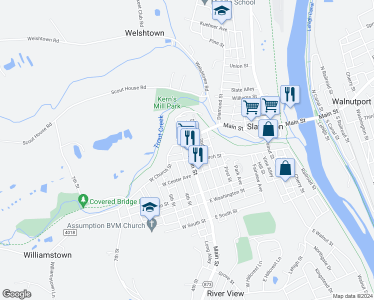 map of restaurants, bars, coffee shops, grocery stores, and more near 624 Main Street in Slatington