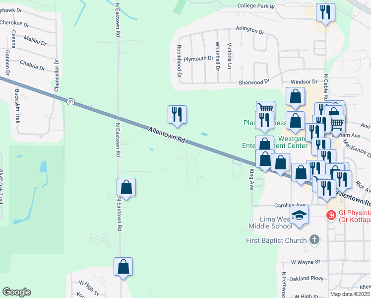 map of restaurants, bars, coffee shops, grocery stores, and more near 2855 Bird Creek in Lima