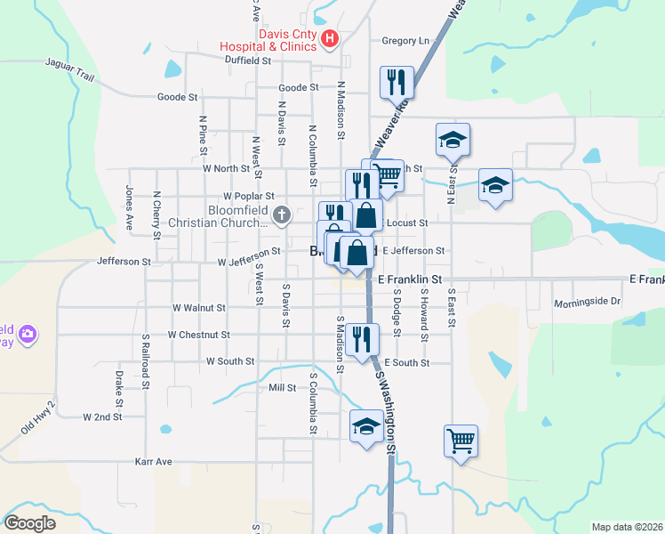 map of restaurants, bars, coffee shops, grocery stores, and more near in Bloomfield
