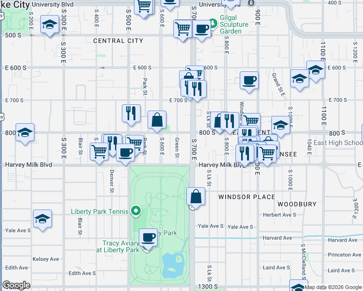 map of restaurants, bars, coffee shops, grocery stores, and more near 856 South 700 East in Salt Lake City