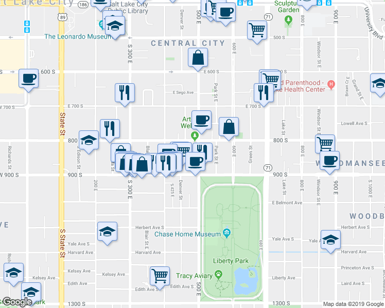 map of restaurants, bars, coffee shops, grocery stores, and more near in Salt Lake City