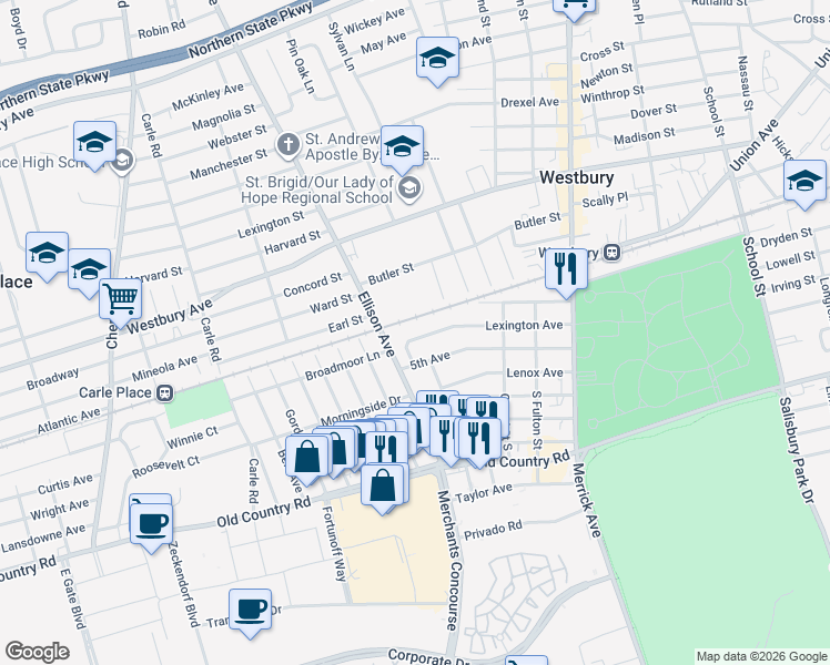 map of restaurants, bars, coffee shops, grocery stores, and more near 3 Lexington Avenue in Westbury