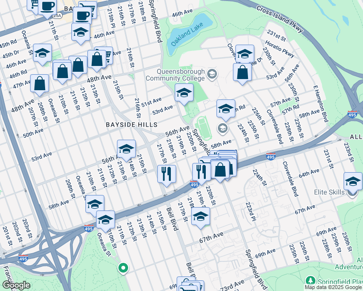 map of restaurants, bars, coffee shops, grocery stores, and more near 56-61 219th Street in Queens