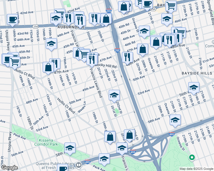 map of restaurants, bars, coffee shops, grocery stores, and more near 201-14 50th Avenue in Queens