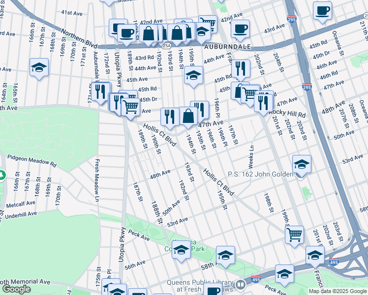 map of restaurants, bars, coffee shops, grocery stores, and more near 47-63 Hollis Court Boulevard in Queens