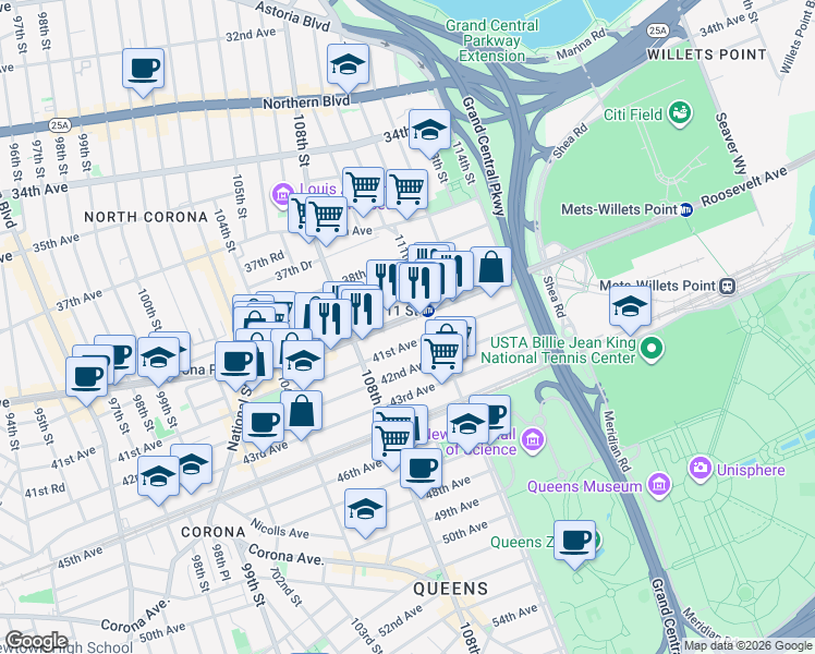 map of restaurants, bars, coffee shops, grocery stores, and more near 108-37 41st Avenue in Queens