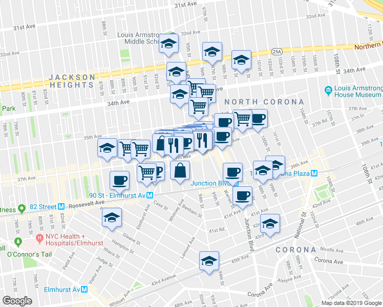 map of restaurants, bars, coffee shops, grocery stores, and more near 37-08 94th Street in Queens