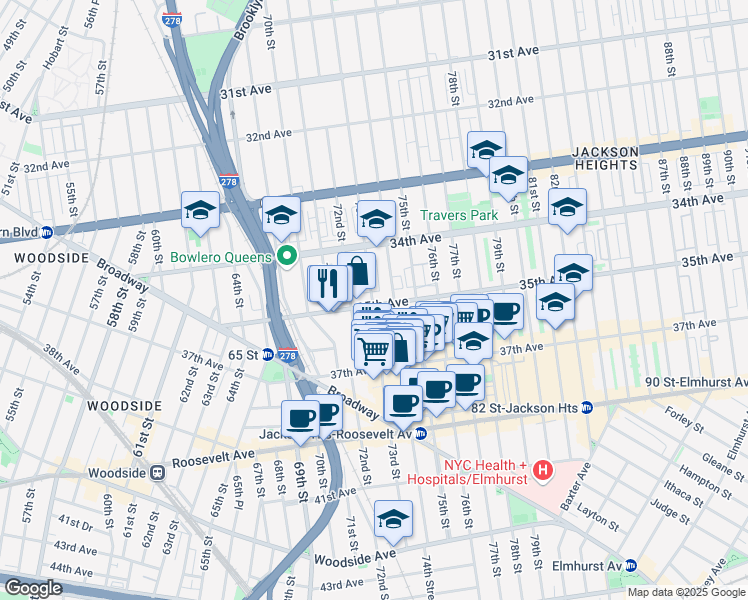 map of restaurants, bars, coffee shops, grocery stores, and more near 35-02 73rd Street in Queens