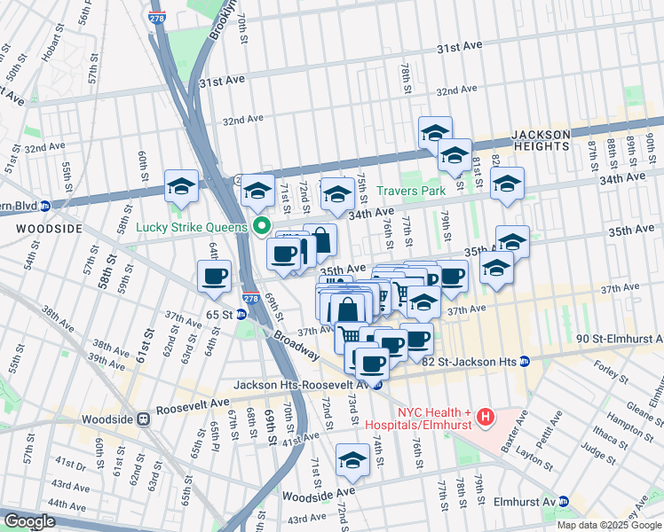 map of restaurants, bars, coffee shops, grocery stores, and more near 35-02 73rd Street in Queens