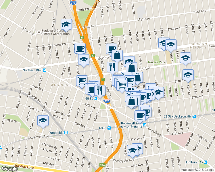 map of restaurants, bars, coffee shops, grocery stores, and more near 70-6 35th Avenue in Queens