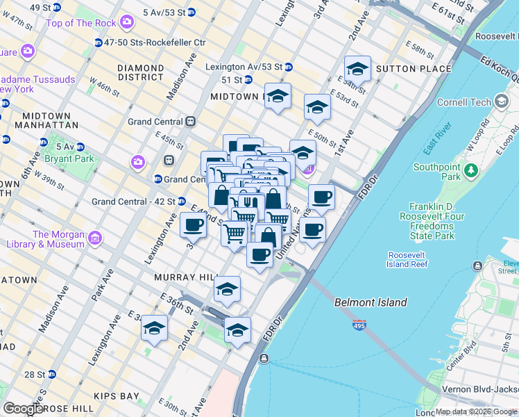 map of restaurants, bars, coffee shops, grocery stores, and more near 303 East 43rd Street in New York