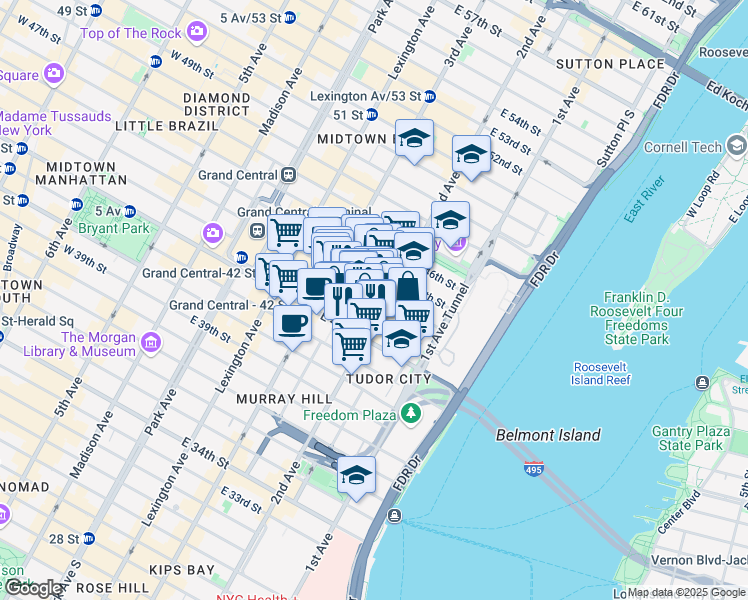 map of restaurants, bars, coffee shops, grocery stores, and more near 815 2nd Avenue in New York