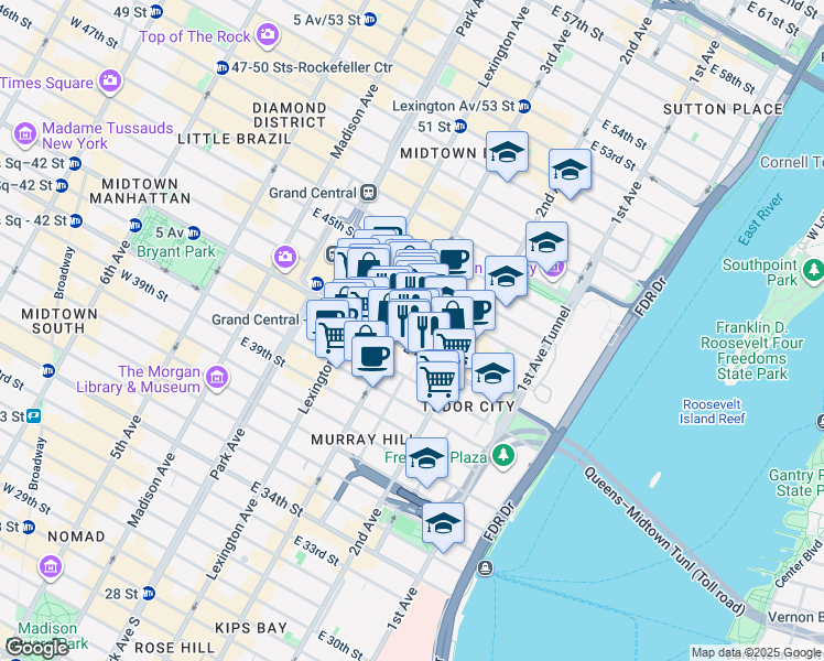 map of restaurants, bars, coffee shops, grocery stores, and more near 150 East 42nd Street in New York