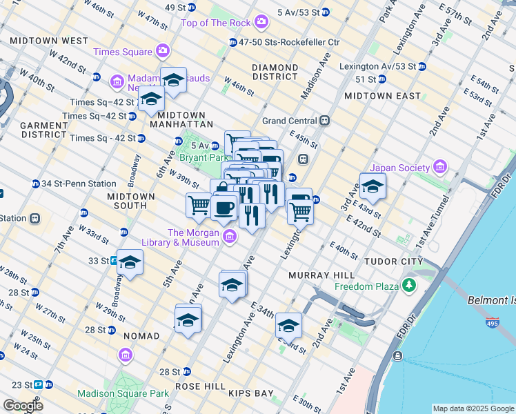 map of restaurants, bars, coffee shops, grocery stores, and more near 27-29 East 39th Street in New York