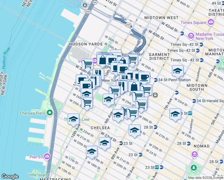 map of restaurants, bars, coffee shops, grocery stores, and more near in New York