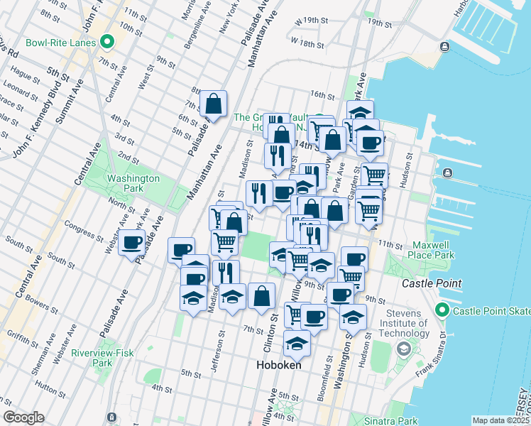 map of restaurants, bars, coffee shops, grocery stores, and more near 1024 Adams Street in Hoboken