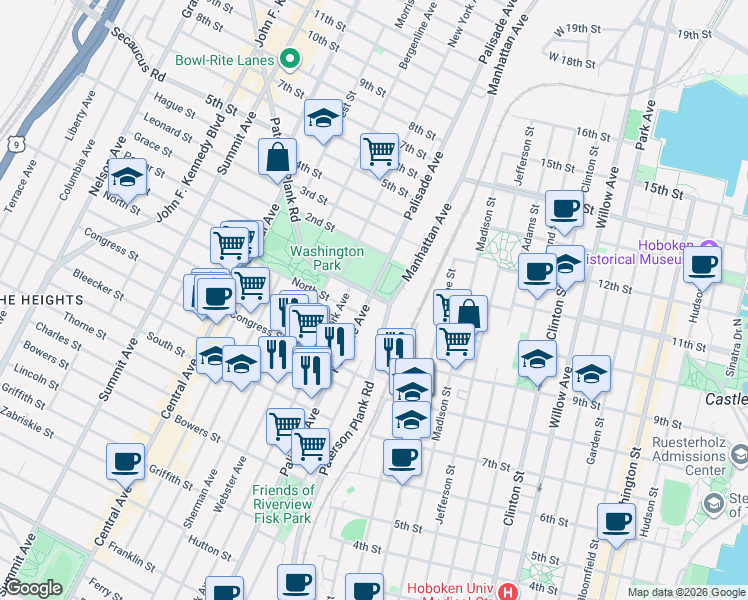 map of restaurants, bars, coffee shops, grocery stores, and more near 644 Palisade Avenue in Jersey City