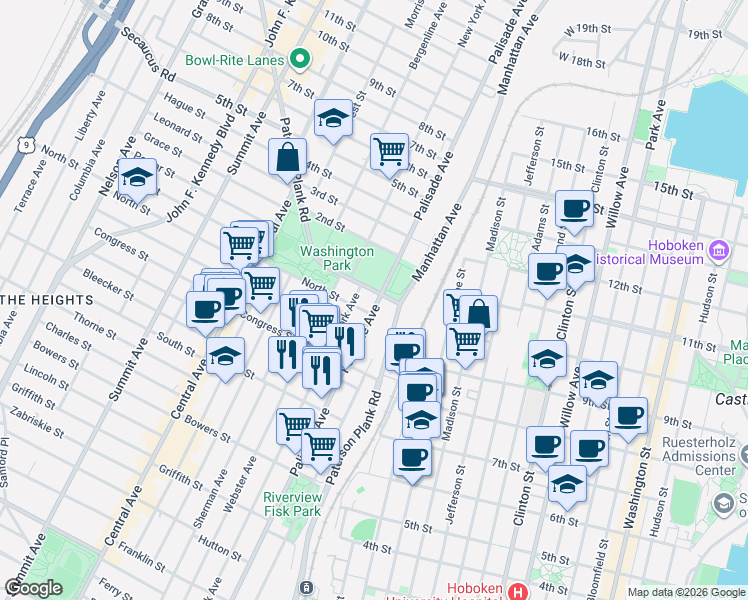 map of restaurants, bars, coffee shops, grocery stores, and more near 644 Palisade Avenue in Jersey City
