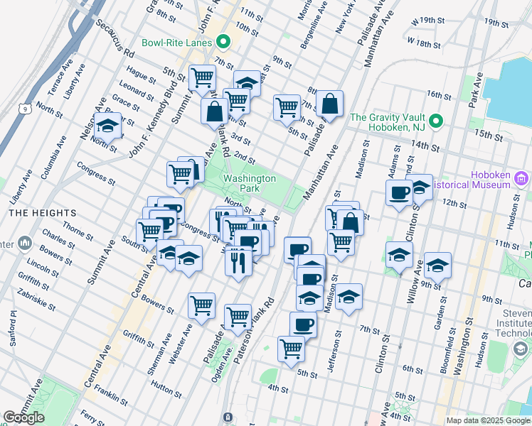 map of restaurants, bars, coffee shops, grocery stores, and more near 644 Palisade Avenue in Jersey City