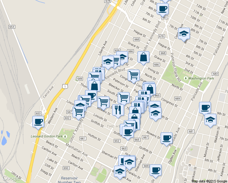 map of restaurants, bars, coffee shops, grocery stores, and more near 106 Thorne Street in Jersey City
