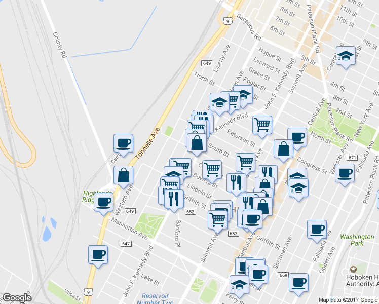 map of restaurants, bars, coffee shops, grocery stores, and more near 76 Columbia Avenue in Jersey City