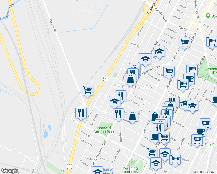 map of restaurants, bars, coffee shops, grocery stores, and more near 119 Terrace Avenue in Jersey City