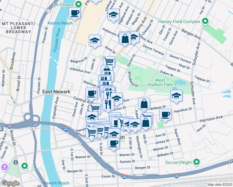 map of restaurants, bars, coffee shops, grocery stores, and more near 436 Central Avenue in Harrison