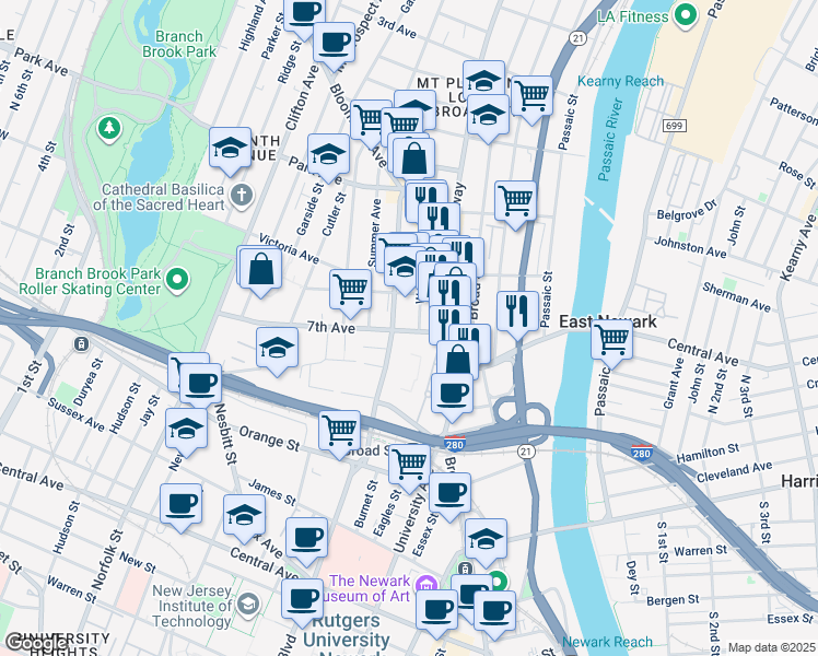 map of restaurants, bars, coffee shops, grocery stores, and more near in Newark