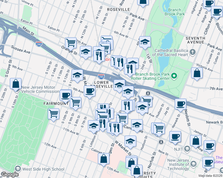 map of restaurants, bars, coffee shops, grocery stores, and more near in Newark