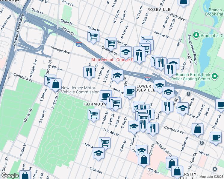 map of restaurants, bars, coffee shops, grocery stores, and more near 77 South 10th Street in Newark