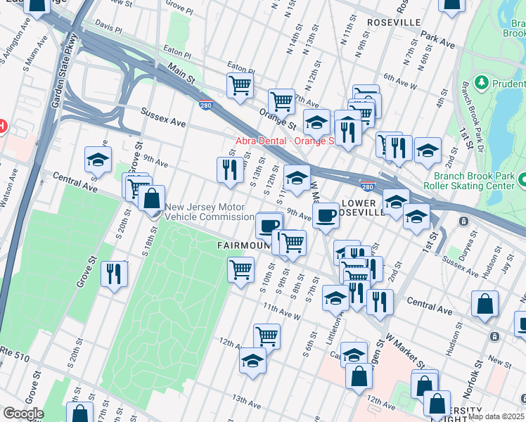 map of restaurants, bars, coffee shops, grocery stores, and more near 114 South 12th Street in Newark