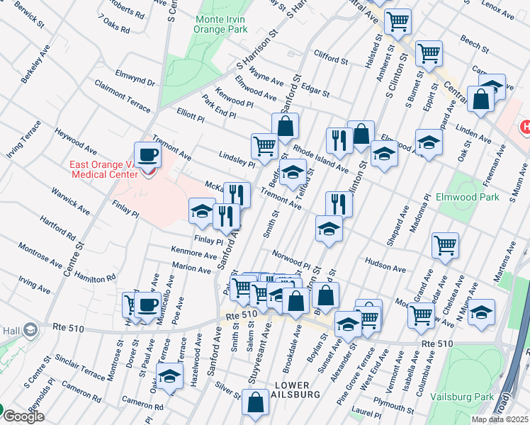 map of restaurants, bars, coffee shops, grocery stores, and more near 37 Smith Street in Newark
