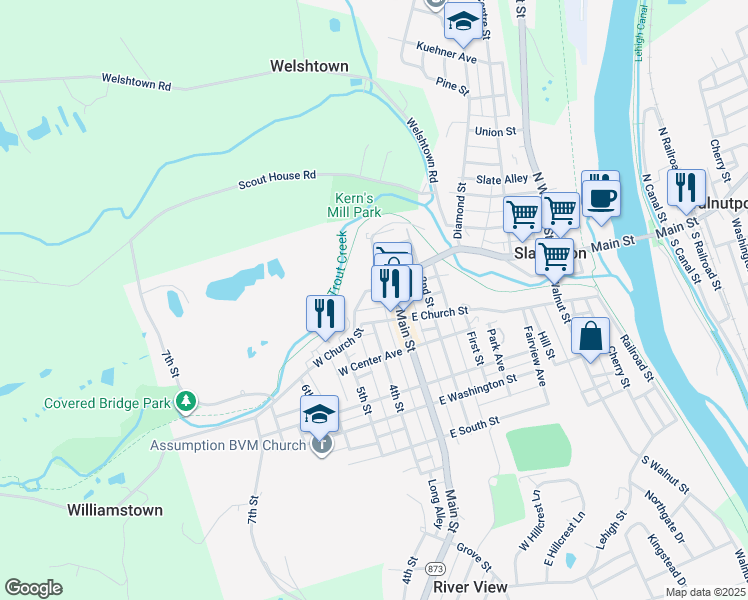 map of restaurants, bars, coffee shops, grocery stores, and more near 318 West Church Street in Slatington