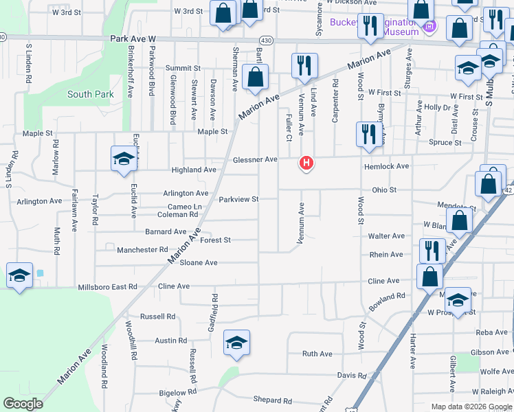 map of restaurants, bars, coffee shops, grocery stores, and more near 455 Woodward Avenue in Mansfield