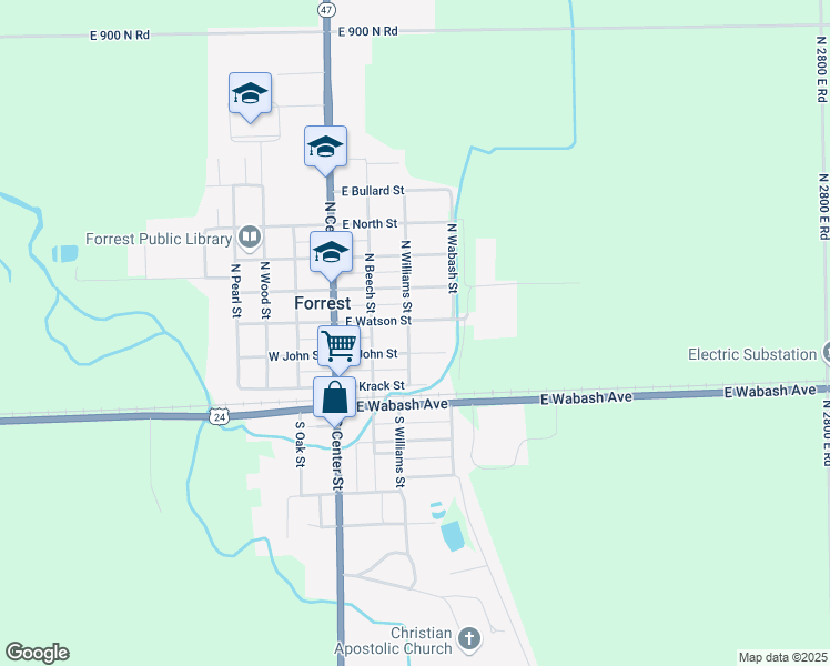 map of restaurants, bars, coffee shops, grocery stores, and more near 319 East John Street in Forrest