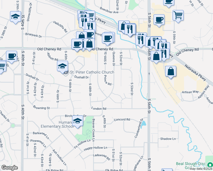 map of restaurants, bars, coffee shops, grocery stores, and more near 6200 Princess Margaret Drive in Lincoln