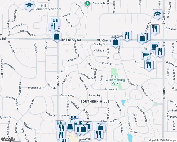 map of restaurants, bars, coffee shops, grocery stores, and more near 6120 Tennyson Circle in Lincoln
